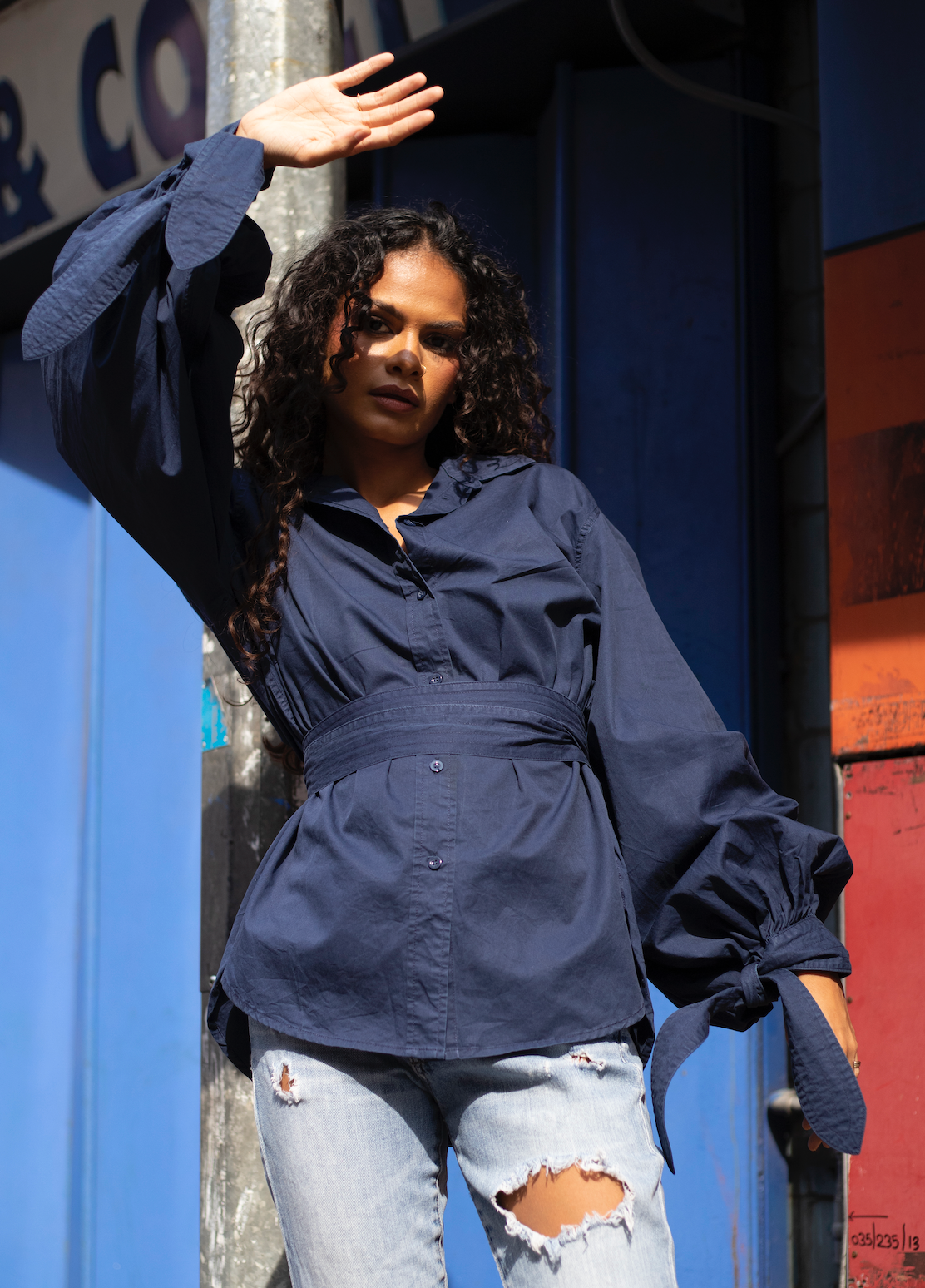 Navy cotton button up women's shirt with balloon sleeves and detachable waist tie