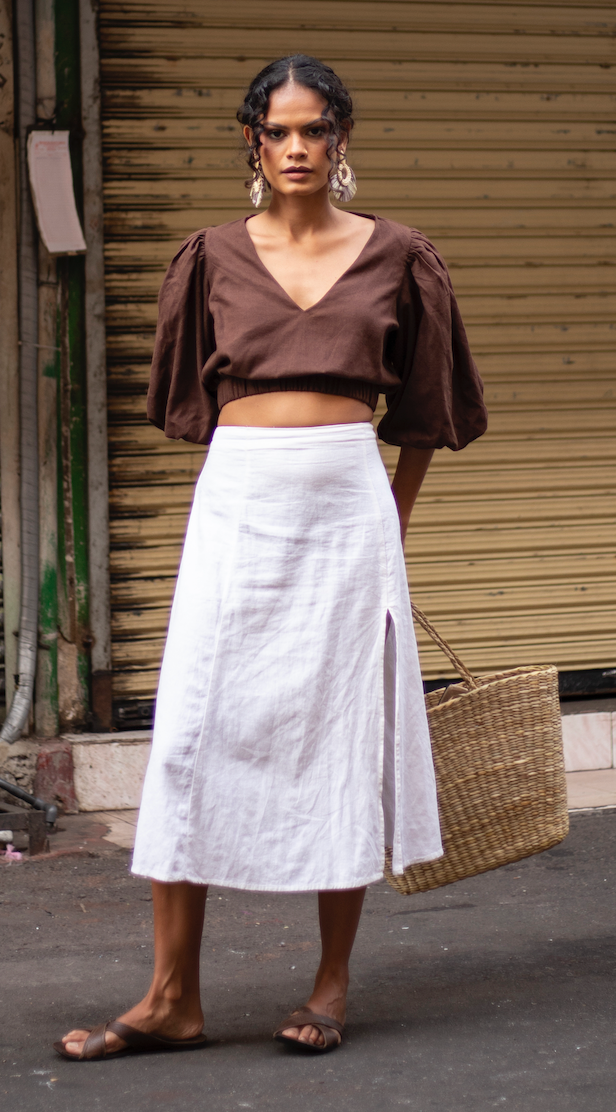 LILY PUFF SLEEVE LINEN BLEND CROP TOP