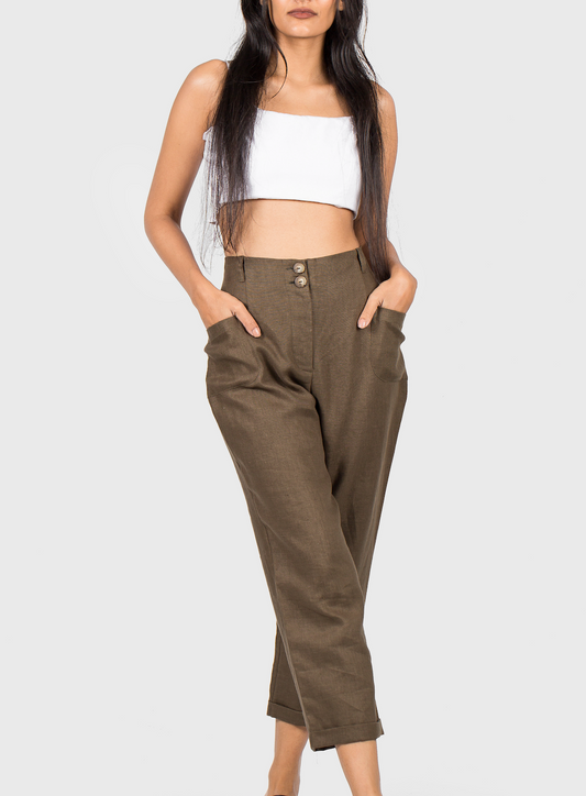 PARADISE ESCAPE 3/4 KHAKI LINEN PANTS WITH POCKETS AND BUTTONS