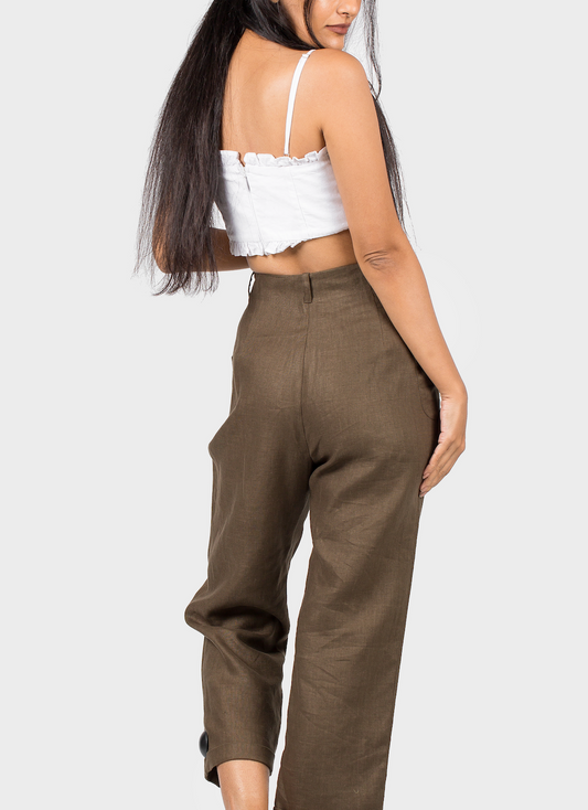 PARADISE ESCAPE 3/4 KHAKI LINEN PANTS WITH POCKETS AND BUTTONS