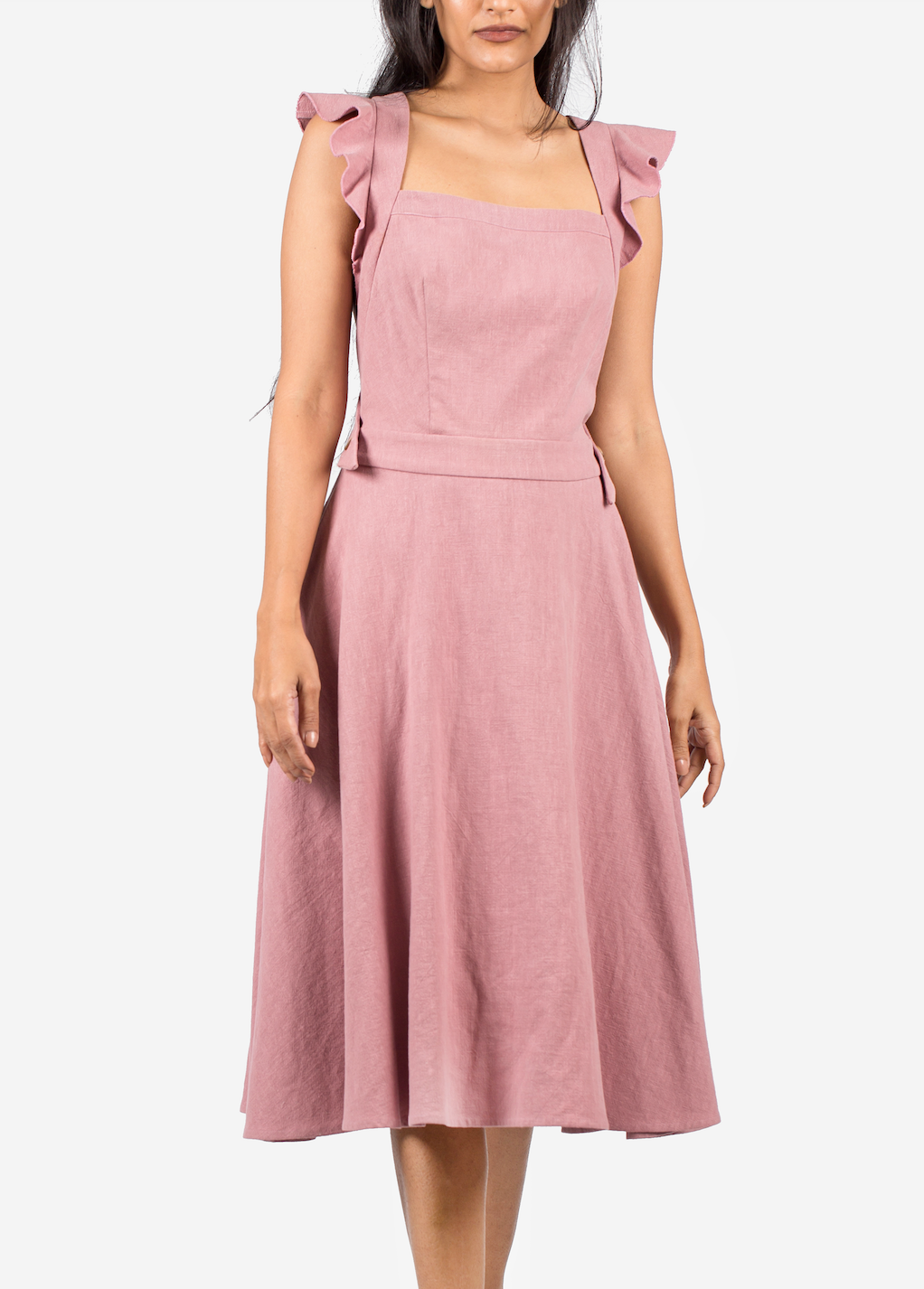SUNSEEKER MIDI FRILL DRESS - BACKLESS WITH BUTTONS IN DUSTY PINK