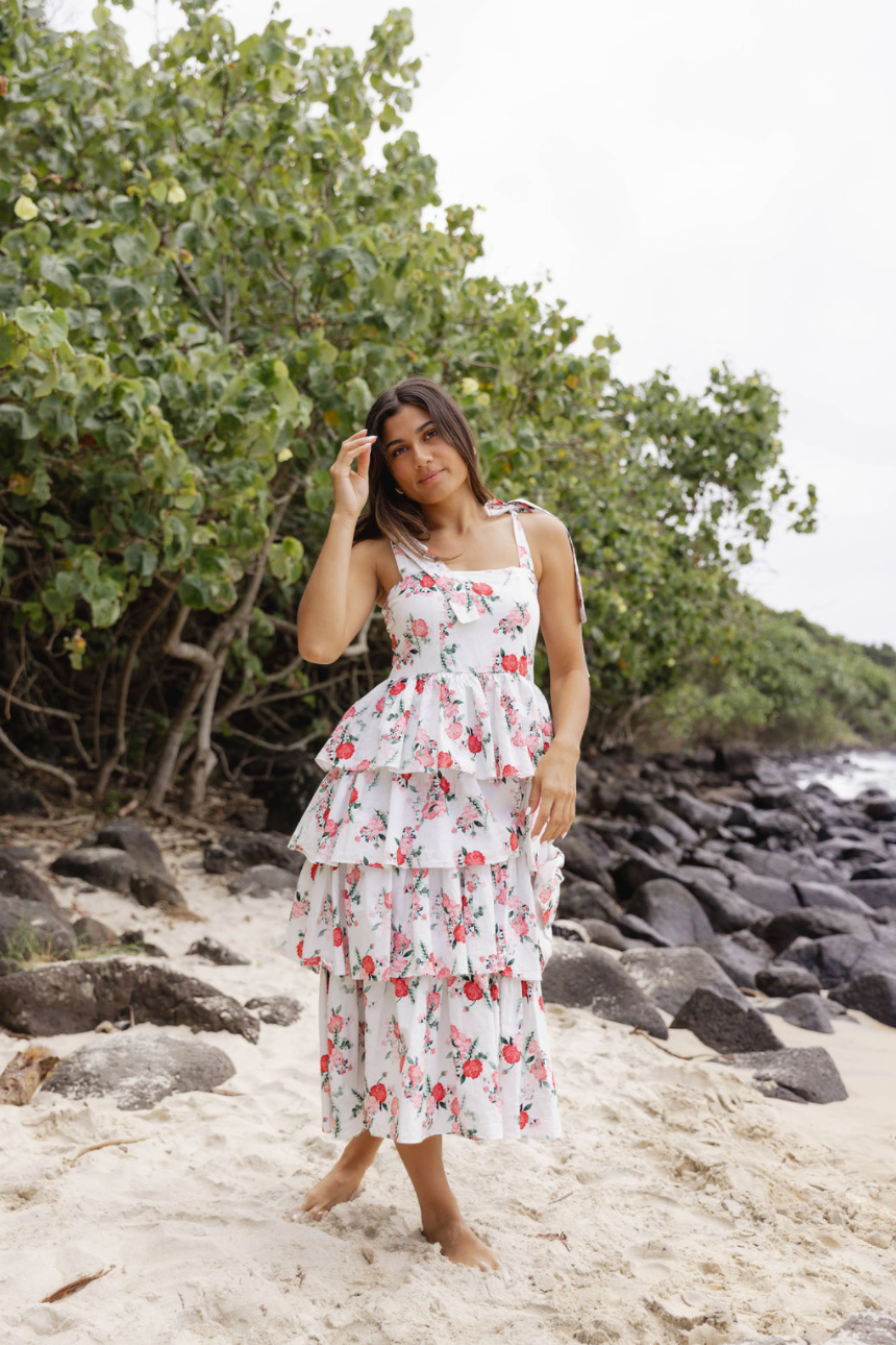 Frill dress with floral print and tie straps