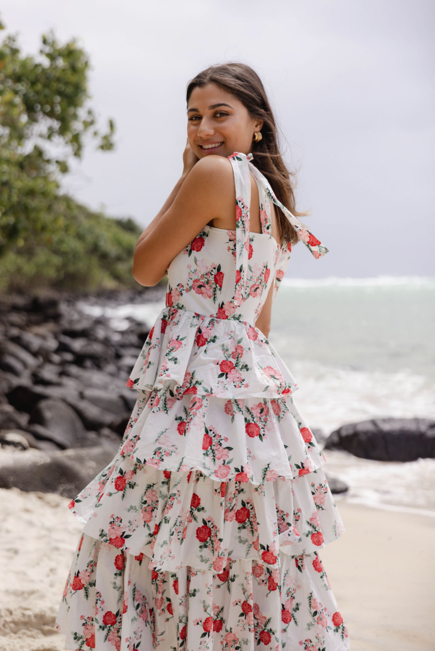 Frill dress with floral print and tie straps