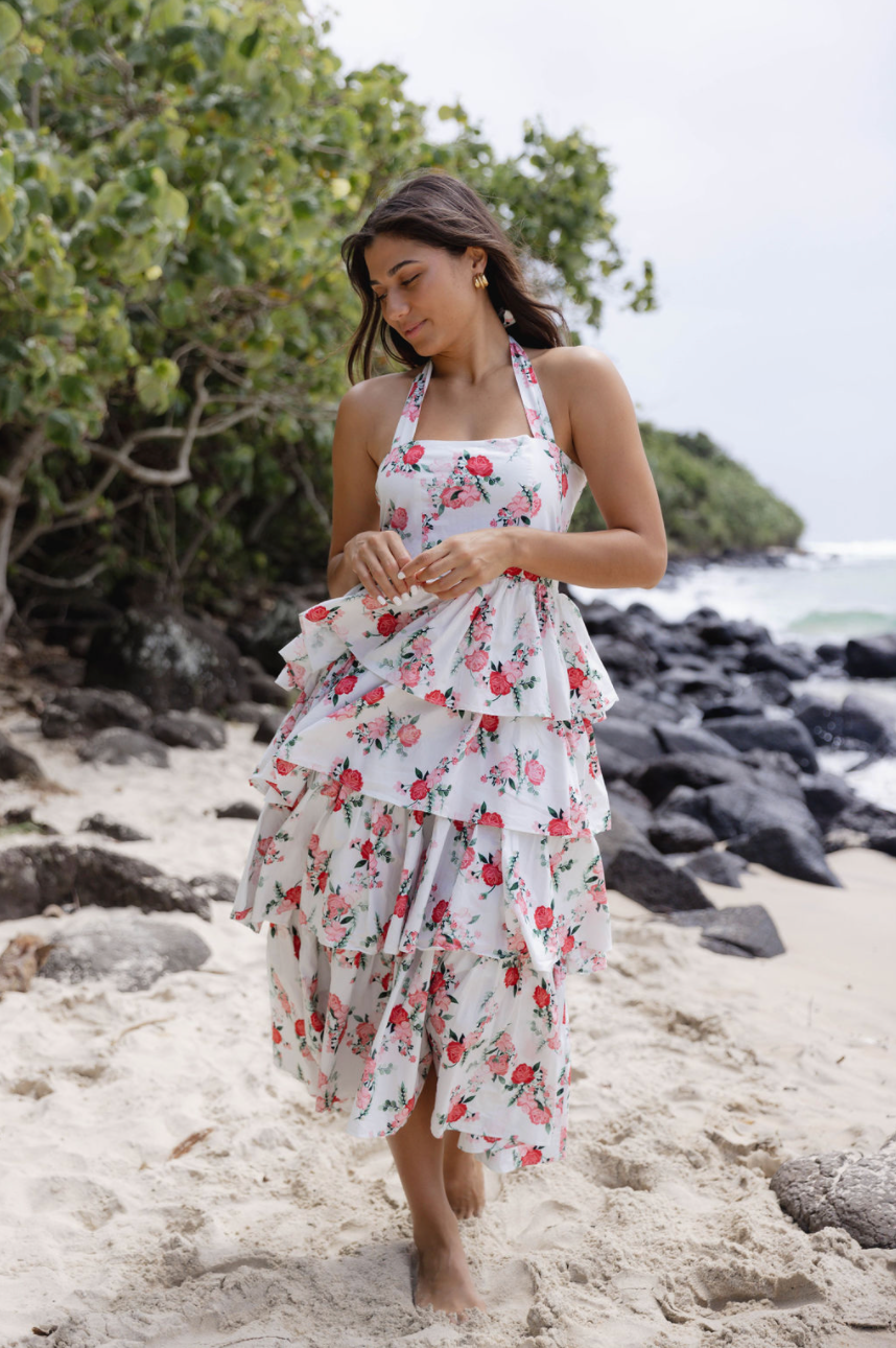 Frill dress with floral print and tie straps