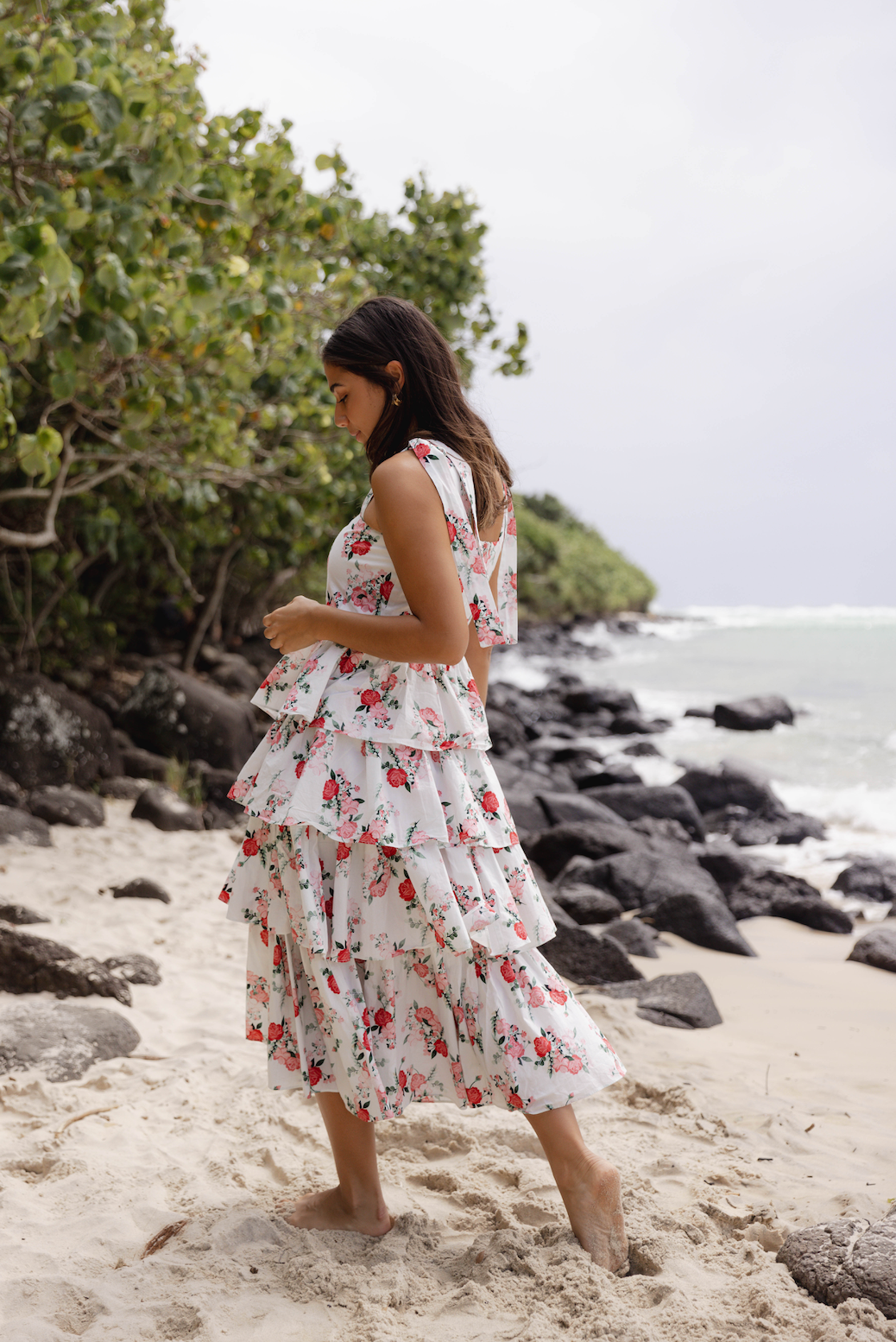 Frill dress with floral print and tie straps