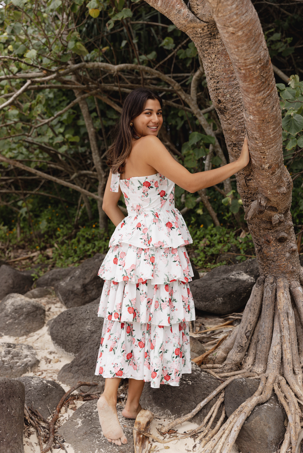 Frill dress with floral print and tie straps