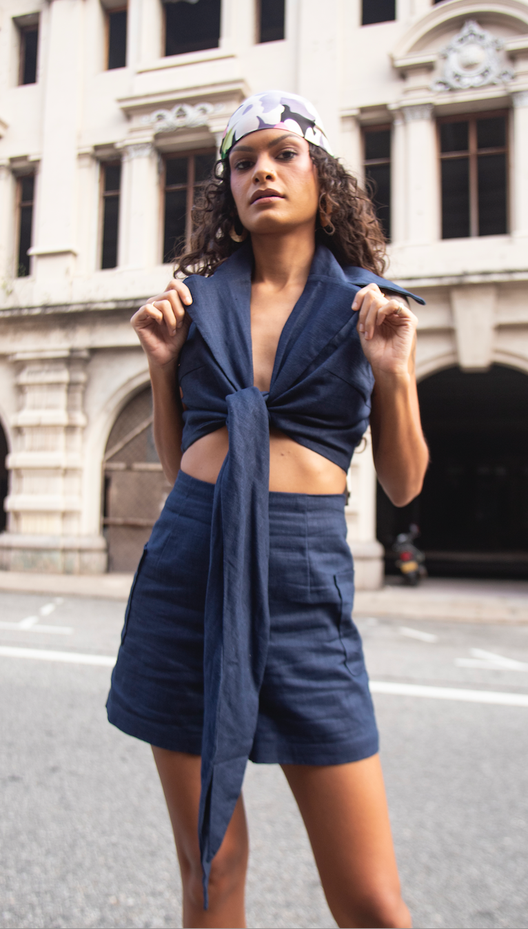 Azalea Oversized Collared Wrap Top In Navy paired with Azalea Navy Hight waist shorts
