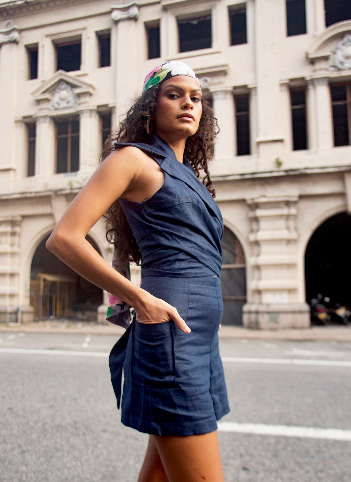 Azalea Oversized Collared Wrap Top In Navy paired with Azalea Navy Hight waist shorts