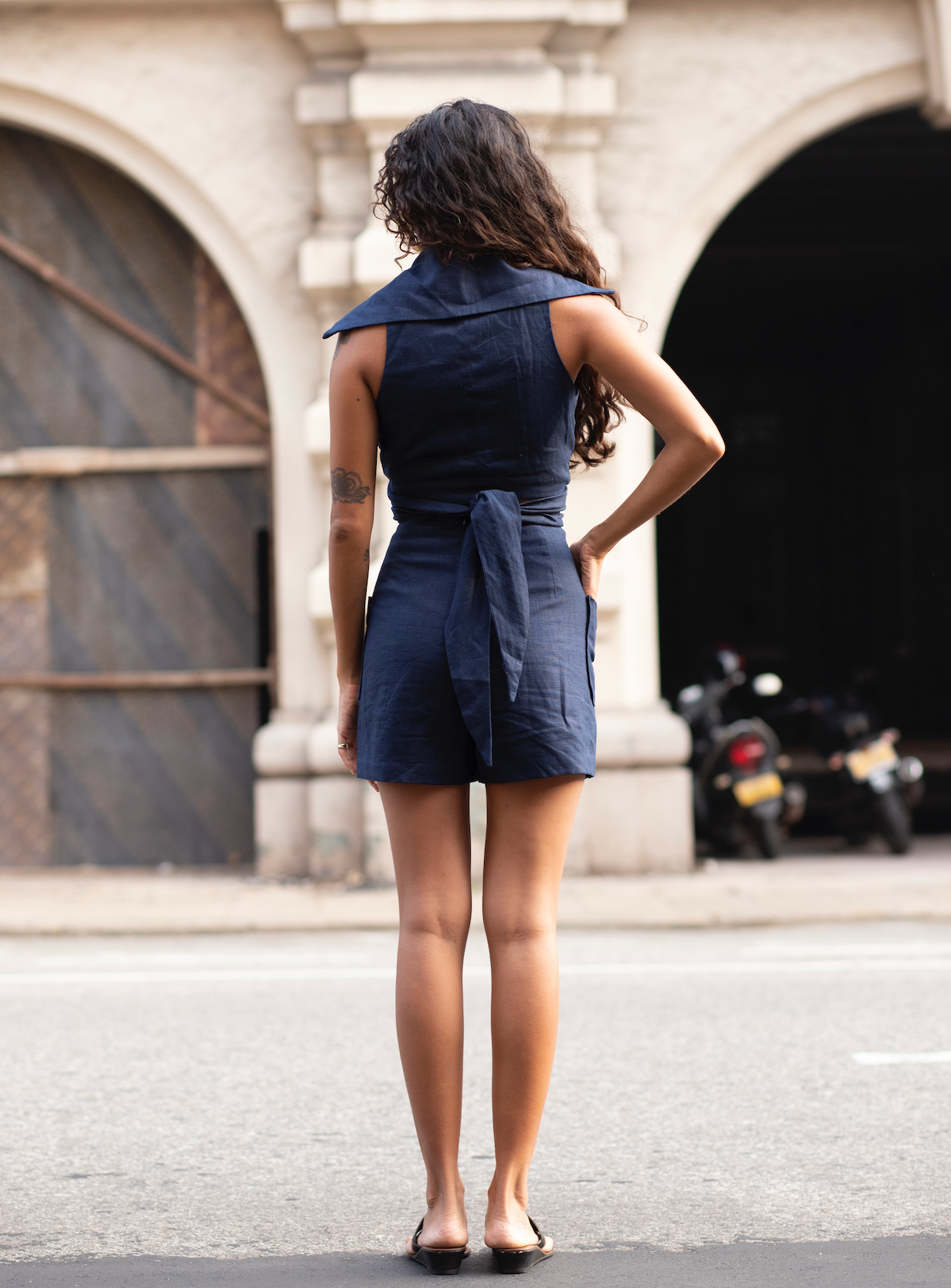 Azalea Oversized Collared Wrap Top In Navy paired with Azalea Navy Hight waist shorts