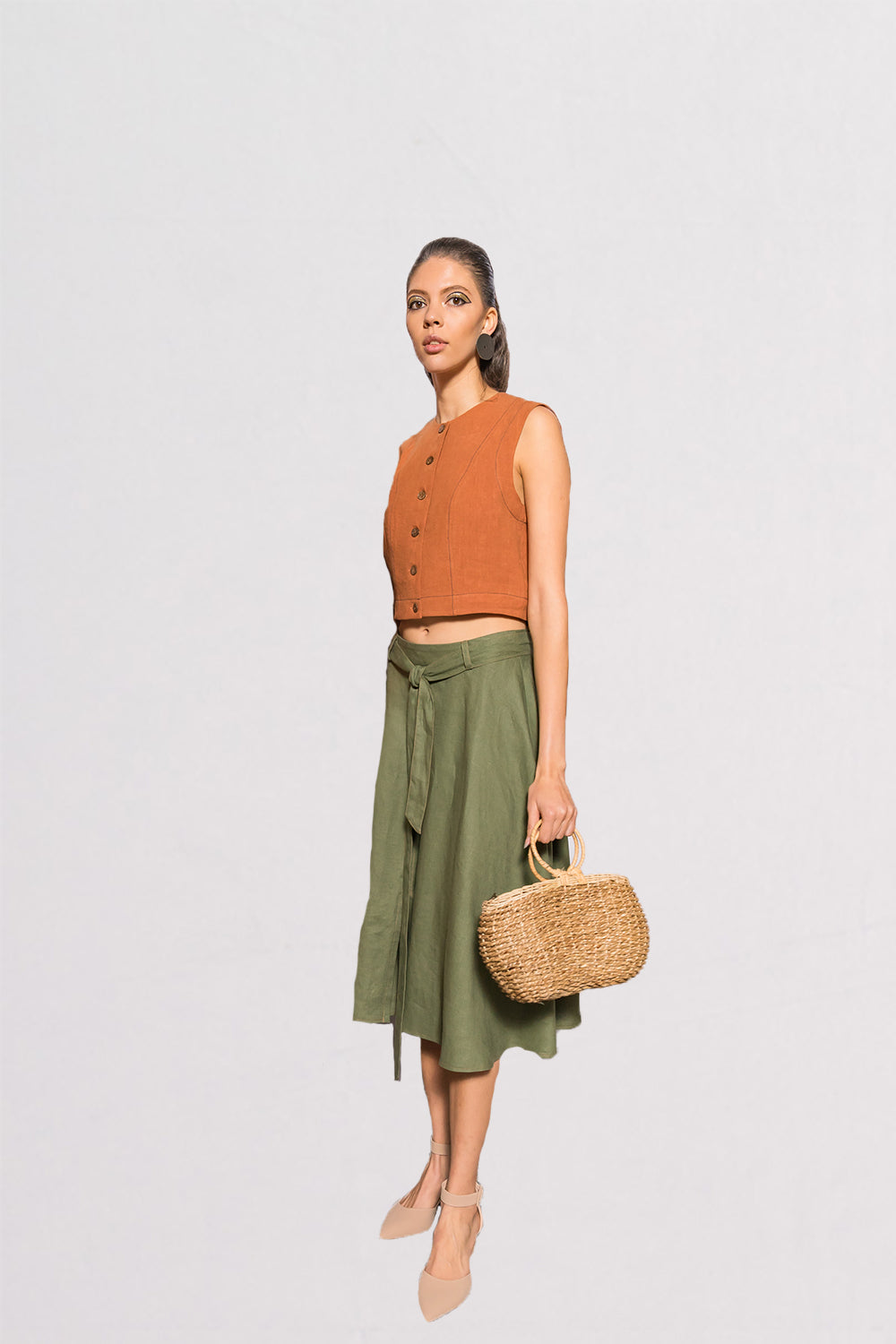 BURNT ORANGE SLEEVELESS LINEN TOP WITH COCONUT SHELL BUTTONS - ARUKA TOP BY Ileana The Label