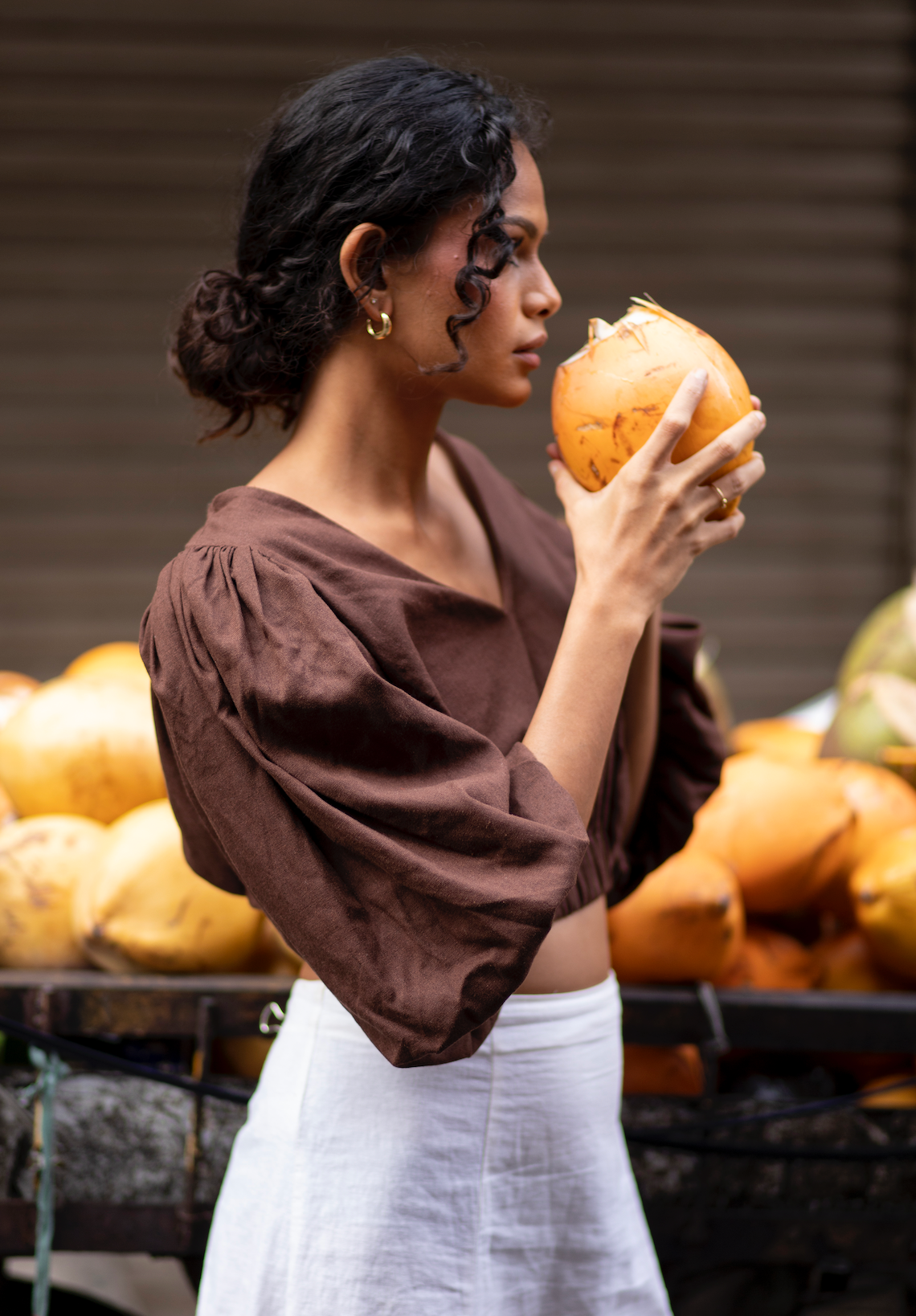 LILY PUFF SLEEVE CROP | ELASTIC WAIST | IN BROWN | ILEANA