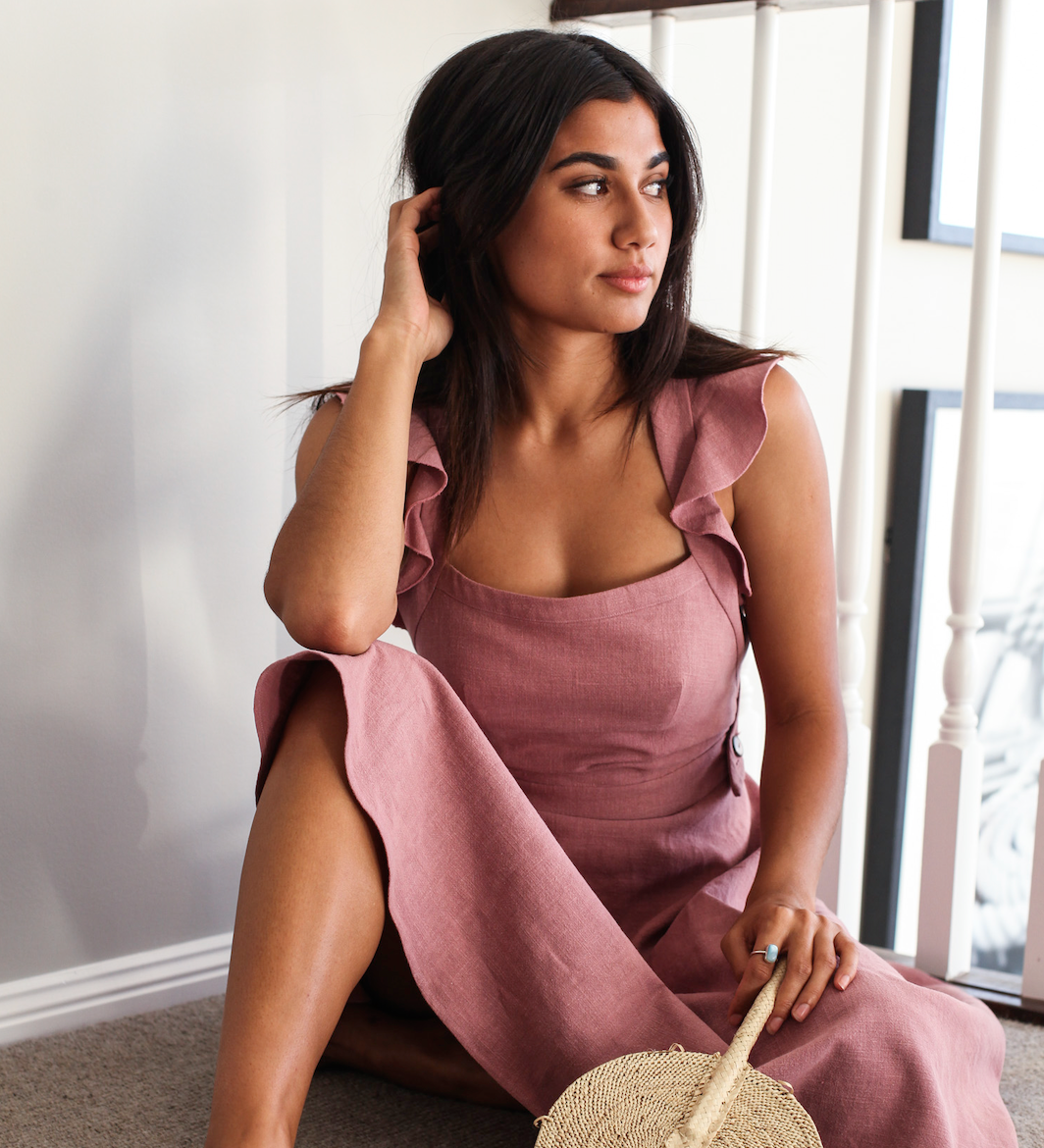 SUNSEEKER MIDI FRILL DRESS - BACKLESS  WITH BUTTONS IN DUSTY PINK