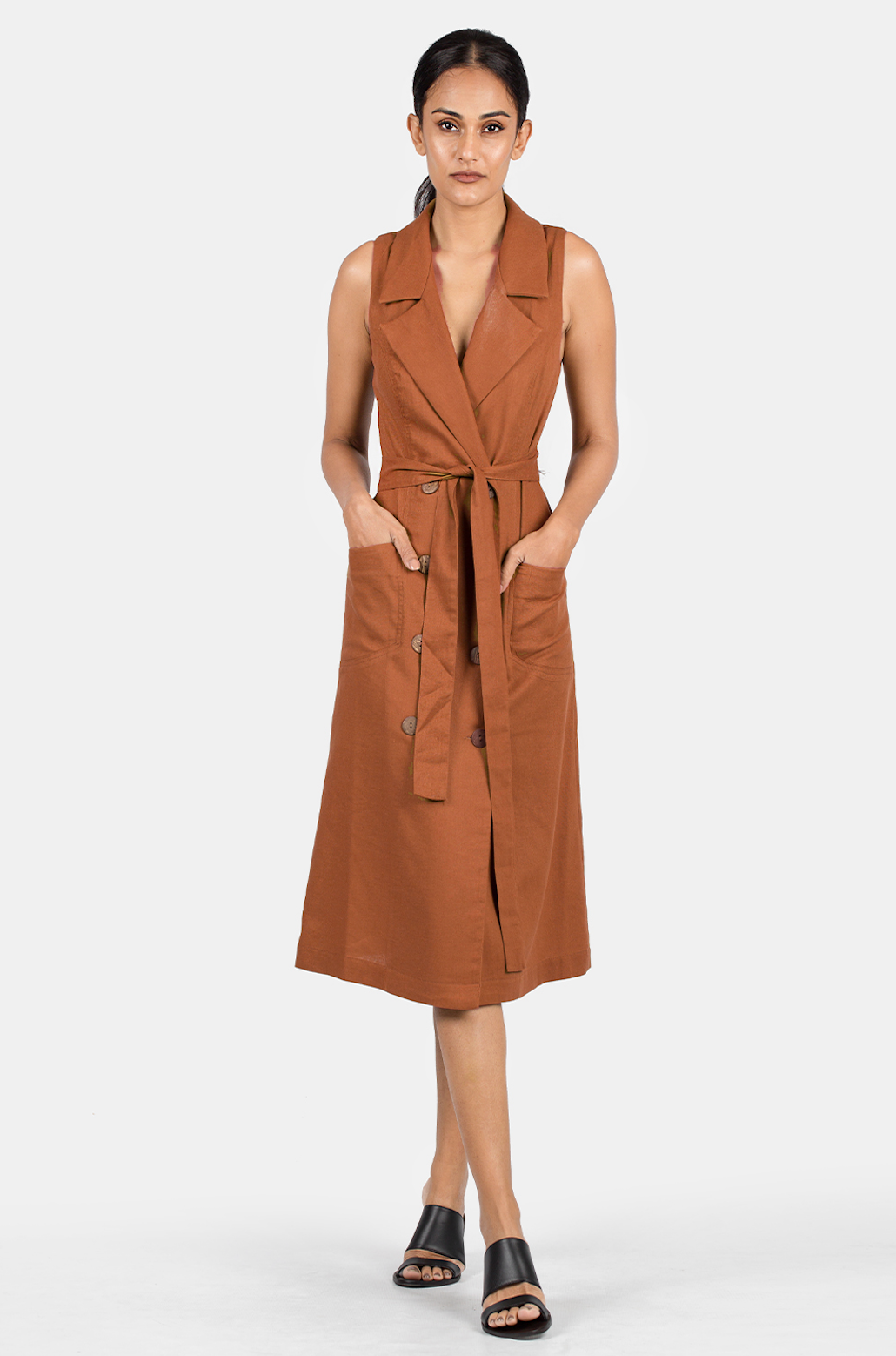 MAROOBA SLEEVELESS MIDI DRESS | BURNT ORANGE WITH WAIST TIE AND POCKETS