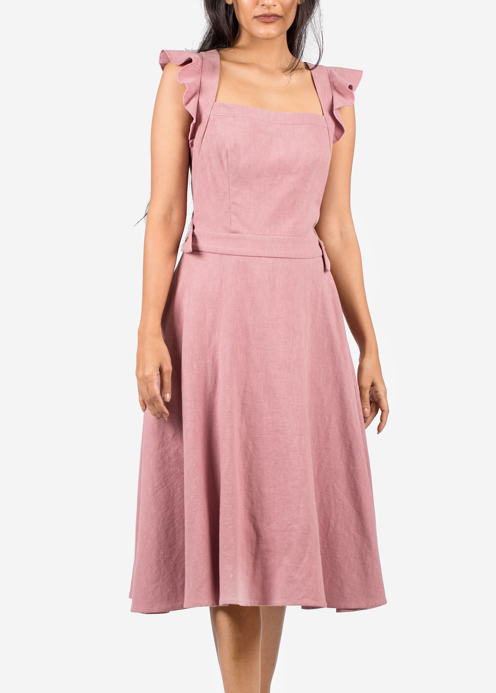 SUNSEEKER MIDI FRILL DRESS - BACKLESS  WITH BUTTONS IN DUSTY PINK