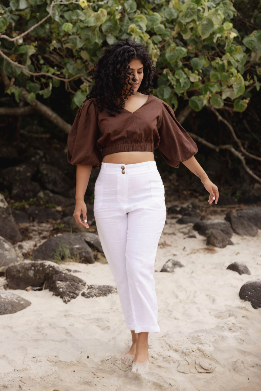 Puff sleeve brown Crop top with elastic waist and V-neck paired with white 3/4 pants