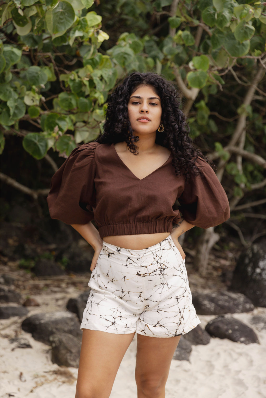 Puff sleeve brown Crop top with elastic waist and V-neck