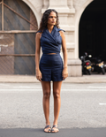 Azalea Oversized Collared Wrap Top In Navy paired with Azalea Navy Hight waist shorts 